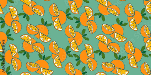 Seamless pattern featuring whole oranges, halves and slices on light background. Illustration ideal for textile printing, packaging, wallpapers, kitchen decor and food-related designs.