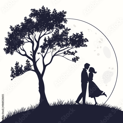 Couple walking under moonlit tree
