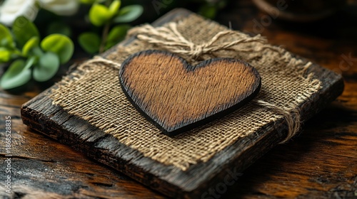 Rustic wedding invitation card with burlap textures twine and a wooden heart motif The design conveys a warm country feel with handwritten style text to emphasize a personal touch