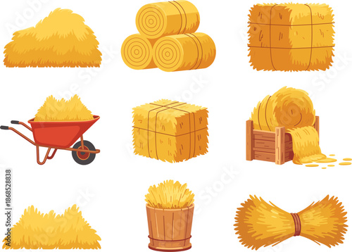 Detailed Cartoon Hay Bale Collection With Red Wheelbarrow For Agriculture Farm Harvest And Rural Countryside Illustration