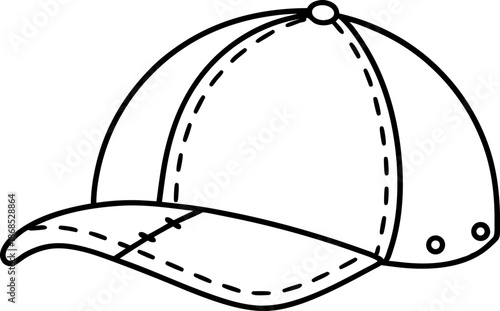 Baseball cap outline black and white line drawing of classic sport hat with curved visor and stitching details