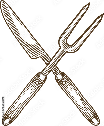 Carving set with knife and fork crossed, vintage kitchen utensils hand drawn illustration