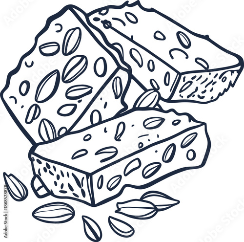 Almond nougat bars with scattered nuts sweet nutty dessert pieces, traditional confectionery treat illustration