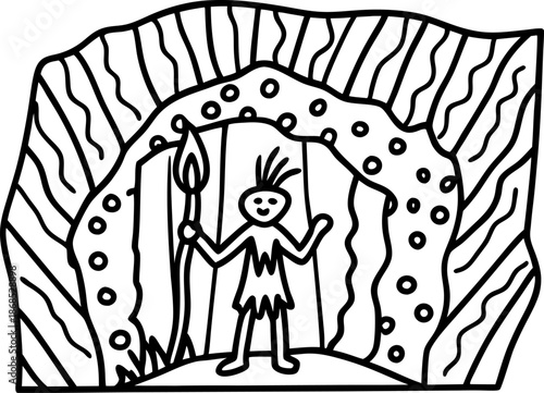 cave painting of a tribal figure holding a spear inside a decorated cave entrance