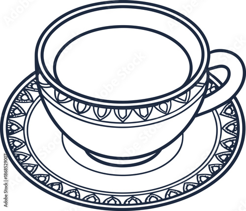 Decorative teacup and saucer with intricate ornamental patterns in line art design