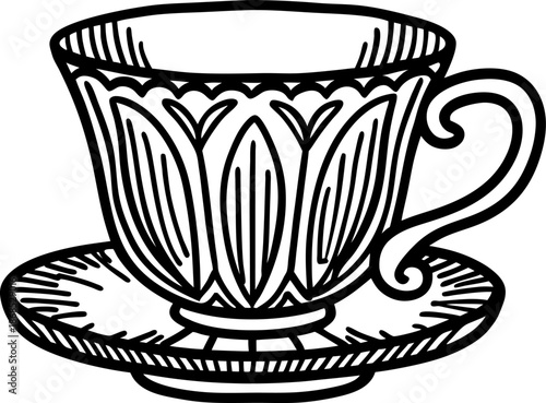 Vintage teacup with decorative floral patterns and matching saucer illustration