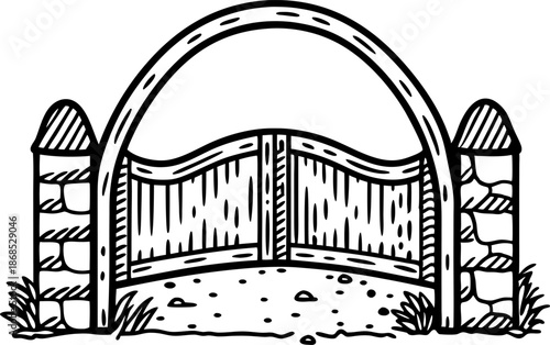 Rustic wooden arched gate between stone pillars with gravel ground and plants