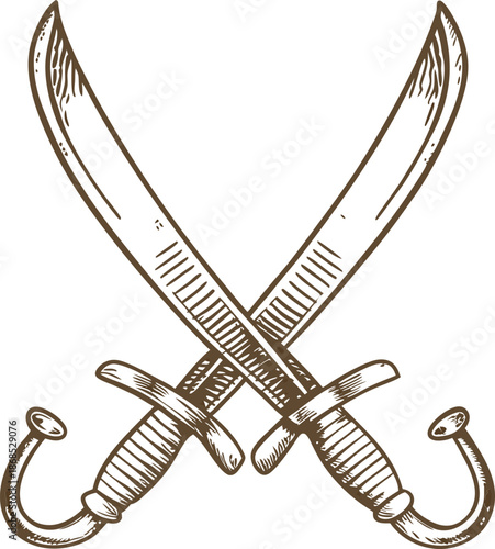 Crossed curved swords with hooked handles vintage medieval weapon engraving drawing