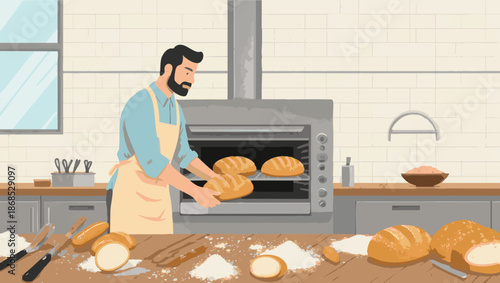 vector Baker taking fresh bread out of oven in bakery kitchen