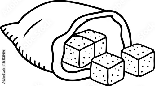 Sugar cubes spilling out of opened paper sugar packet, sweetener serving concept illustration