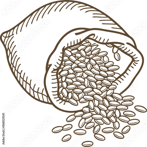 sack of seeds spilling out, hand drawn agricultural concept with grains and natural farming