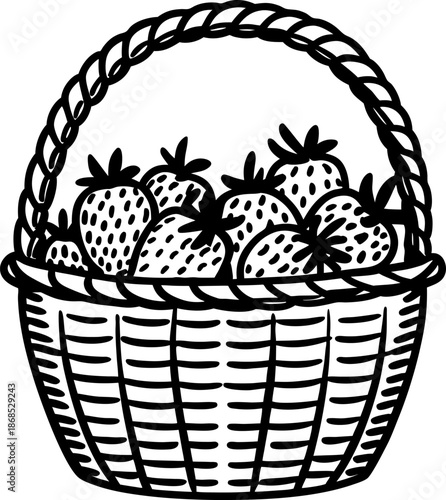 Basket woven basket filled with fresh strawberries detailed line art illustration