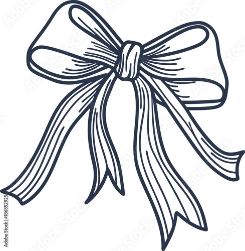 Decorative ribbon bow with long trailing ends, hand drawn outline sketch