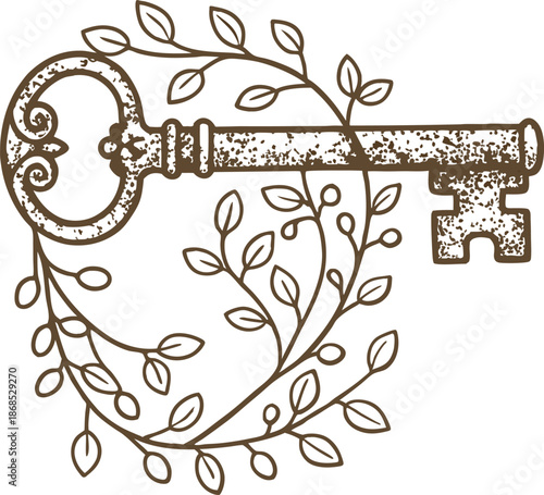 Vintage ornate key with floral vine decoration, antique design element with leaves and curls