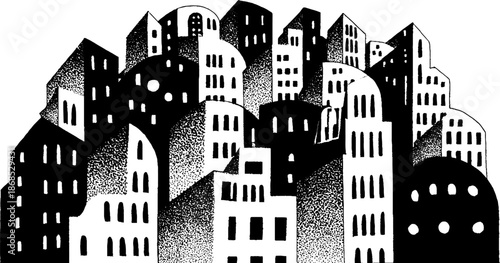 Black and white abstract urban cityscape with stylized geometric buildings