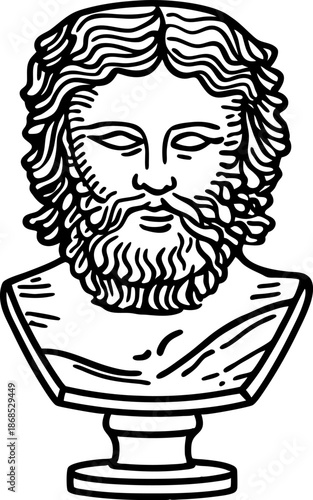 Classical bust sculpture of a bearded man with curly hair on pedestal stand