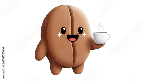 Adorable Coffee Bean Character with Sparkly Eyes Holding a Hot Coffee Cup cartoon mascot isolated on a transparent background