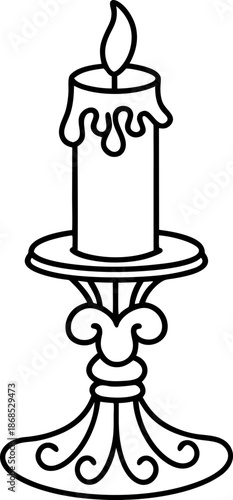 Single lit candle on ornamental candle holder with melting wax and flame outline
