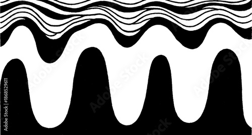 Abstract black and white wave pattern with curved lines and shapes