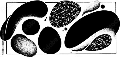 Abstract black and white graphic with organic shapes and dotted patterns