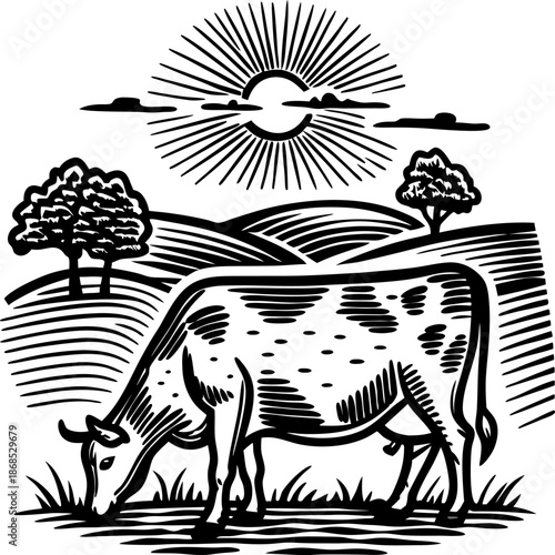 Cow grazing on grass in rural landscape with hills, trees, and sun shining above