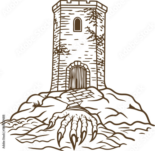 Ancient stone tower with clawed monster hand emerging from rocky ground illustration