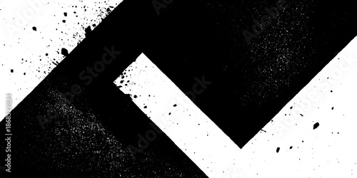 Bold black and white abstract design with dynamic angled lines and splattered texture