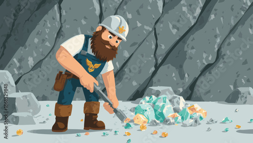 vector Bearded Miner Digging for Colorful Gems in a Rocky Cave