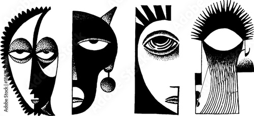 Abstract black and white cubist faces with bold geometric features