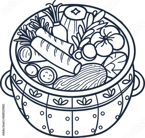 Vegetable soup pot filled with fresh assorted vegetables and herbs illustration