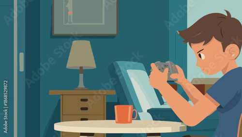 Boy engrossed in video game at home, cartoon illustration