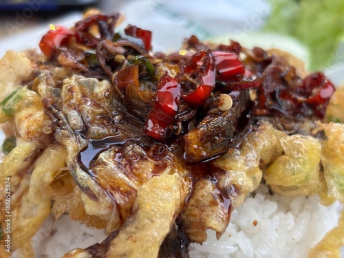 Spicy fried fish topped with chili sauce served on white rice. Close-up food photography showing crispy texture and rich flavors, suitable for culinary, restaurant, and Asian food content.