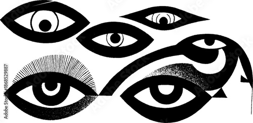 Surreal black and white eye patterns in abstract art design