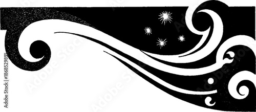 Abstract black and white swirling design with stars