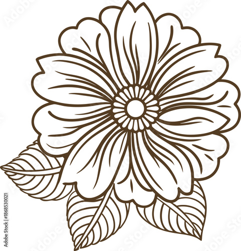 detailed floral line art with large petals and intricate leaves in monochrome design