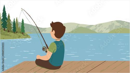 vector Boy Fishing on Dock by Lake with Mountain View