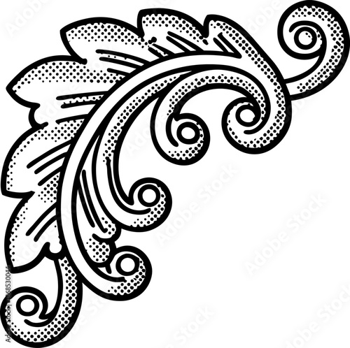 Ornamental corner design with vintage leaf and swirl pattern in black and white