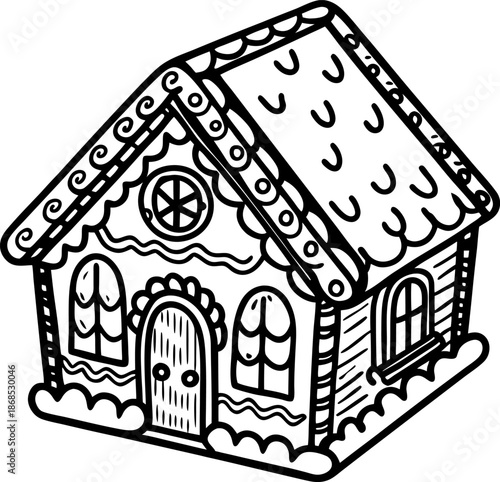 Decorative gingerbread house with icing and candy design outline illustration
