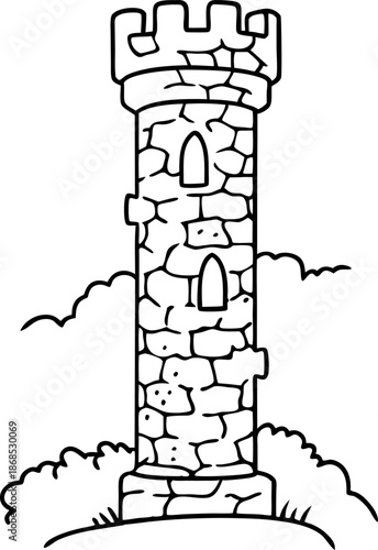 ancient stone watchtower on hilltop with crenellated battlements and narrow windows