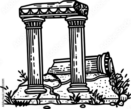 Ancient greek ruins with two standing columns and broken stone pillars surrounded by grass
