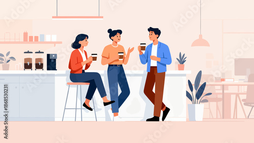 Three people are sitting at a counter in a cafe, drinking coffee and chatting. The atmosphere is casual and friendly, with the people enjoying each other's company