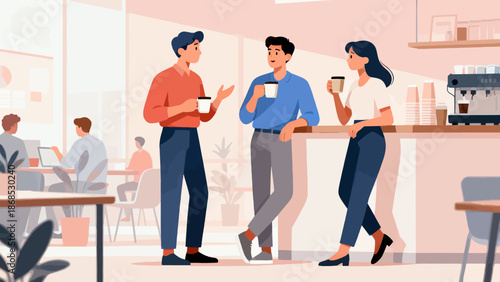 Three people are standing in a cafe, talking and drinking coffee. The scene is set in a busy cafe with several chairs and potted plants. Scene is casual and social