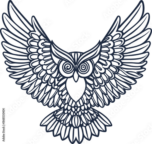 Intricate owl illustration with outstretched wings, detailed feathers and symmetrical line art design