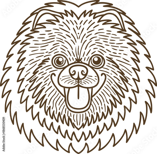 Smiling fluffy dog face with tongue out, cute happy pet portrait with detailed fur texture