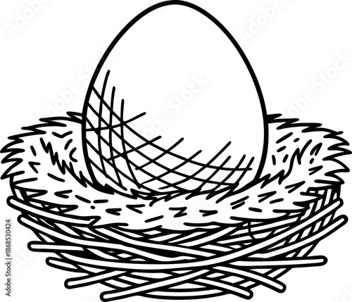 Nest with single egg in black and white line art style, isolated natural bird habitat illustration