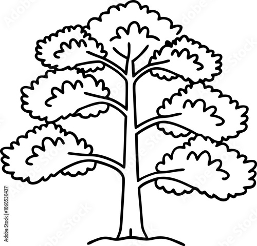 Simple black and white line drawing of a leafy tree with broad branches