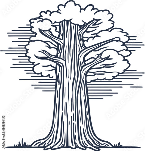 Majestic large tree with detailed bark and thick foliage, nature illustration in vintage