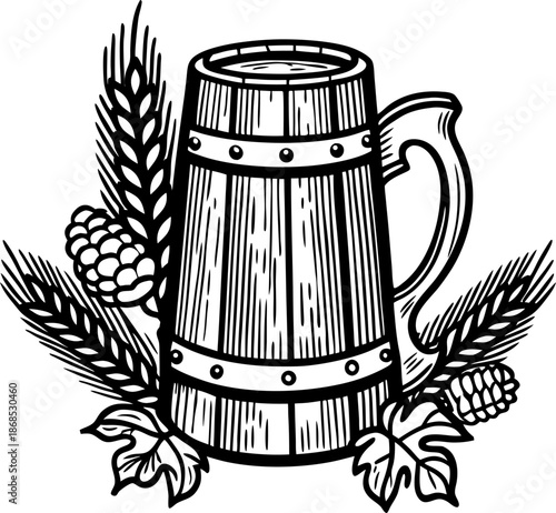 Rustic wooden beer mug with hops and barley grains vintage illustration