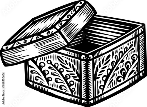 Intricately carved wooden box with open lid, decorative floral patterns, vintage ornamental container design