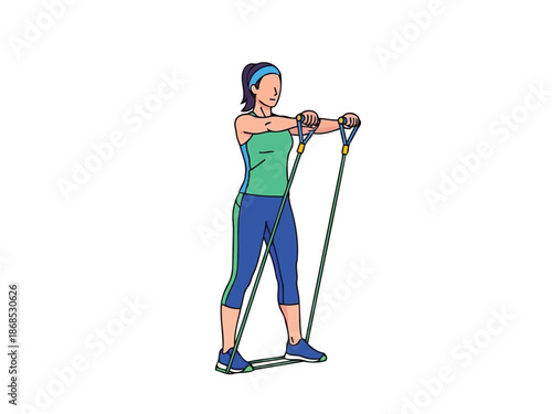 Woman performs standing resistance band shoulder raise for upper body fitness